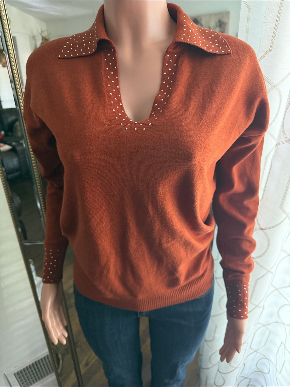 Women's Stud-Trim V-Neck Sweater in Rust